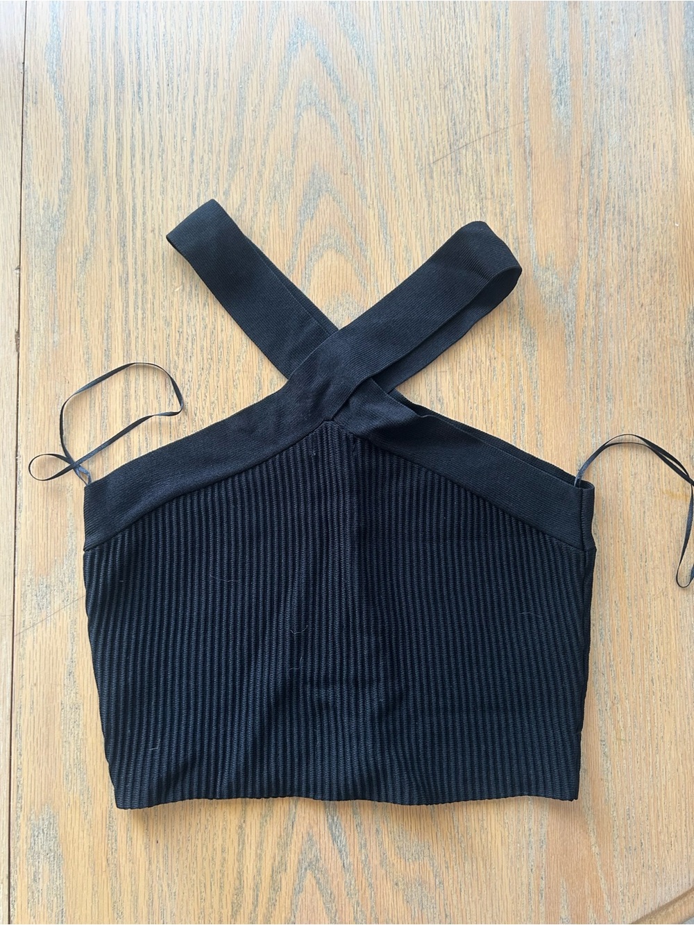 debut Black Ribbed Crisscross Crop Tank